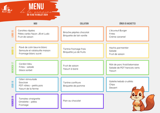 Menus du 15 au 19 juillet 2024